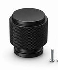 Grab These Totally Solid 24 Pack Aluminum Cabinet Knobs And Drawer Pulls Super Durable Black Hardware For Kitchen Cupboards And Dressers Brushed Brass Vibe Included. Close-up of a black aluminum cabinet knob with two screws.