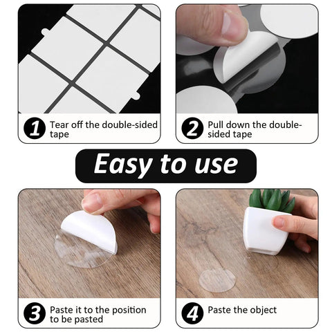 Instructions for 80 Transparent Tablecloth Clips Set With Double Sided Mounting Tape Dots for easy application on surfaces.