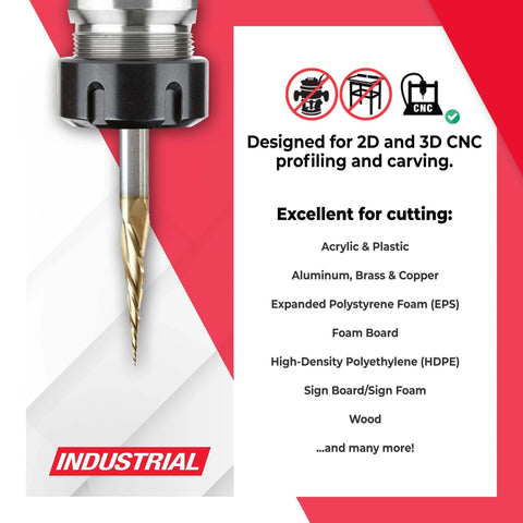 Pro Grade CNC Carving Ball Nose Router Bit Angled 6.2 Degree ZrN Coated for acrylic, aluminum, brass, copper, EPS foam