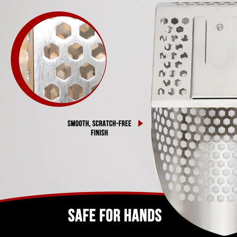 Close-up of Durable Stainless Steel Sand Scoop For Metal Detecting With Diggin Tool, showing smooth, scratch-free slots.