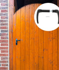 Old School European Rustic Garden Gate Handles With Screws Dope Vintage Outdoor Pull Set on wooden gate and brick wall