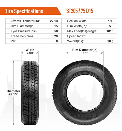 Premium ST205/75D15 Trailer Tires 6PR Load Range C 15 Inch With Fuel Saving Tread Design specifications diagram