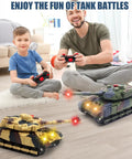 Father and son playing with Realistic Infrared Battle RC Tank With 2.4GHz Remote, 360 Degree Turret, LED Lights And Realistic Sound Effects