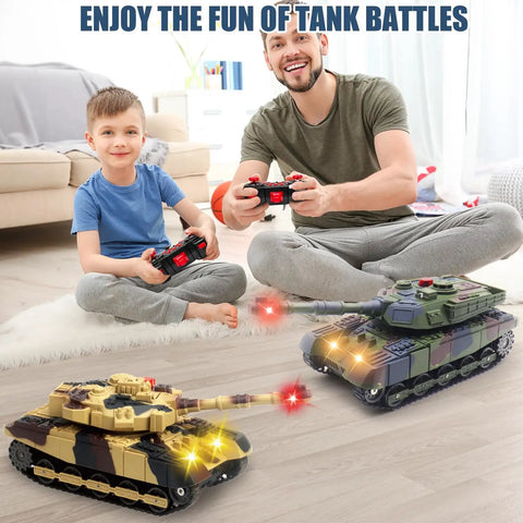Father and son playing with Realistic Infrared Battle RC Tank With 2.4GHz Remote, 360 Degree Turret, LED Lights And Realistic Sound Effects