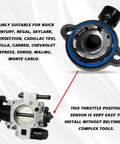 Throttle Position Sensor TPS For Chevrolet GMC Buick Cars And Trucks Compatible With Silverado Sierra C1500 K2500 Century Savana OEM Replacement 2134668 213912 977030 17123855 17123852, blue sensor and throttle body view