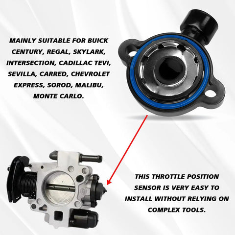 Throttle Position Sensor TPS For Chevrolet GMC Buick Cars And Trucks Compatible With Silverado Sierra C1500 K2500 Century Savana OEM Replacement 2134668 213912 977030 17123855 17123852, blue sensor and throttle body view