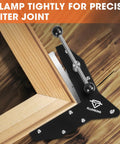 Dead Nut Tight Four Piece Miter Clamps For Precision Workshop Builds on a wooden frame for precise miter joint alignment.