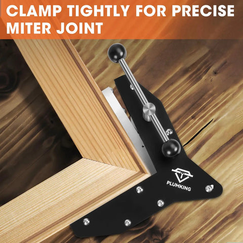 Dead Nut Tight Four Piece Miter Clamps For Precision Workshop Builds on a wooden frame for precise miter joint alignment.