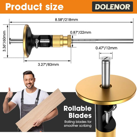 Dead Nuts Accurate Adjustable Wheel Marking Gauge For Woodworking Smooth Operator Scribe Tool dimensions with rollable blades.