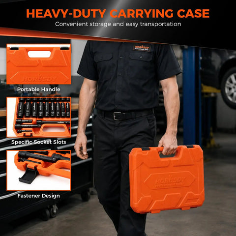32 Piece 1/2 Inch Drive Impact Socket Set With Metric 10mm-24mm And SAE 3/8 Inch-1 Inch Deep Sockets Extension Bar Swivel Socket Adapter CR-V Steel Built For Auto Repair And Heavy Duty Mechanic Work in orange carrying case