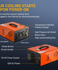 Side and top view of 4500 PSI PCP Air Compressor For Airguns And Paintball Tanks With Fast Fill And Auto Shut Off Dual Power 12V DC Or 120V AC Built In Cooling Fan 300W Portable Pump For Quick High Pressure Filling, highlighting key features.