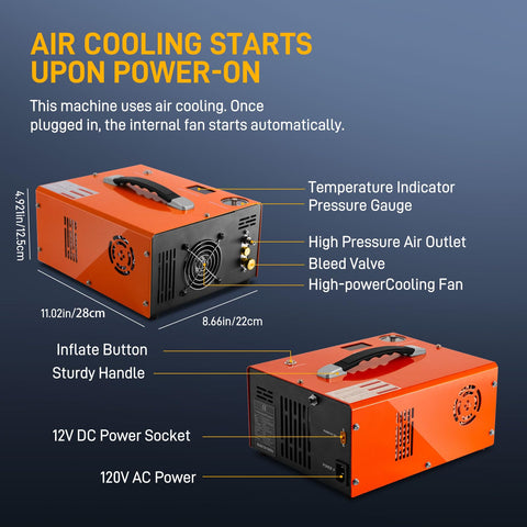 Side and top view of 4500 PSI PCP Air Compressor For Airguns And Paintball Tanks With Fast Fill And Auto Shut Off Dual Power 12V DC Or 120V AC Built In Cooling Fan 300W Portable Pump For Quick High Pressure Filling, highlighting key features.