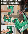 Heavy Duty 2 Inch Cordless Brad Nailer And Stapler Combo 18 Gauge 20V Power Tool with quick draw trigger used in carpentry projects.