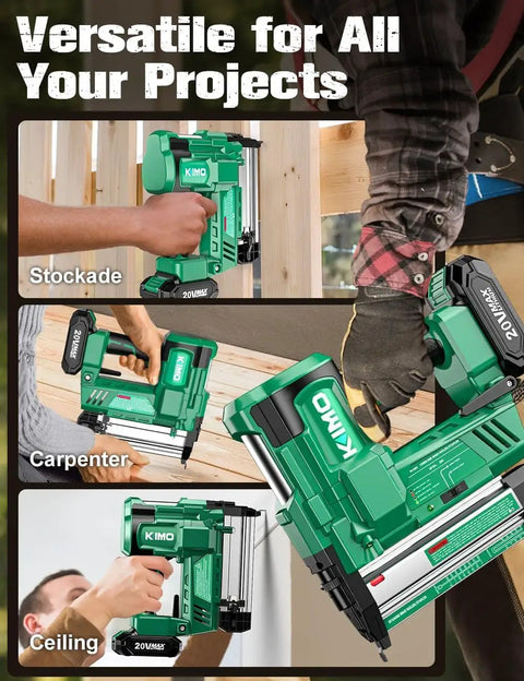 Heavy Duty 2 Inch Cordless Brad Nailer And Stapler Combo 18 Gauge 20V Power Tool with quick draw trigger used in carpentry projects.