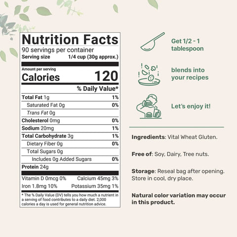Nutrition facts label for Vital Wheat Gluten Powder 6Lb Bulk For Bread And Seitan, Protein Packed, Low Carb Baking Flour