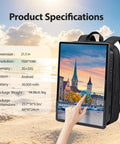 21.5 Inch Portable Lcd Backpack Signboards For Street Marketing Fly Setup Crisp Hd Touchscreen Digital Adboard showing product specs on a beach.