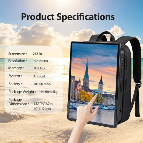 21.5 Inch Portable Lcd Backpack Signboards For Street Marketing Fly Setup Crisp Hd Touchscreen Digital Adboard showing product specs on a beach.