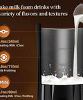 4 In 1 Milk Frother And Steamer for Hot and Cold Foam pouring milk with volume indicators, showing features and levels