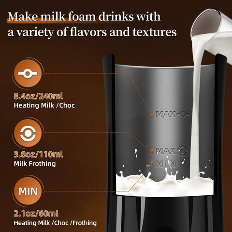 4 In 1 Milk Frother And Steamer for Hot and Cold Foam pouring milk with volume indicators, showing features and levels