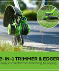 Lawn care tool with green 2-in-1 trimmer and edger from 40V cordless bundle, shown trimming grass near pavement.