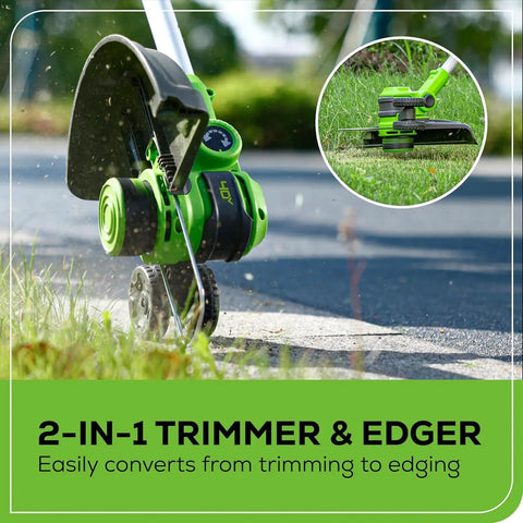 Lawn care tool with green 2-in-1 trimmer and edger from 40V cordless bundle, shown trimming grass near pavement.