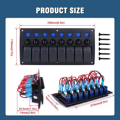 Diagram of Eight Gang Waterproof Marine Boat Switch Panel with measurements and side view showing wiring and circuit breakers
