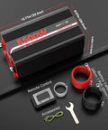 5500W Power Inverter 12V DC To 120V AC With 11000W Peak Surge showing dimensions, remote control, cables, and accessories.