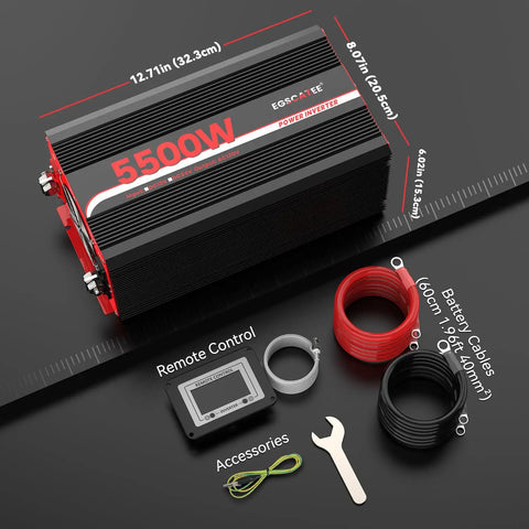 5500W Power Inverter 12V DC To 120V AC With 11000W Peak Surge showing dimensions, remote control, cables, and accessories.