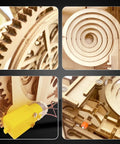 3D Puzzle Marble Run For Adults DIY Wood Kit With Gears And Tracks, Hands On Brain Boosting Marble Machine For Stress Relief And Fun, Build Your Own Mindful Wood Craft Adventure. Basswood plywood motorized wooden gears and tracks close-up