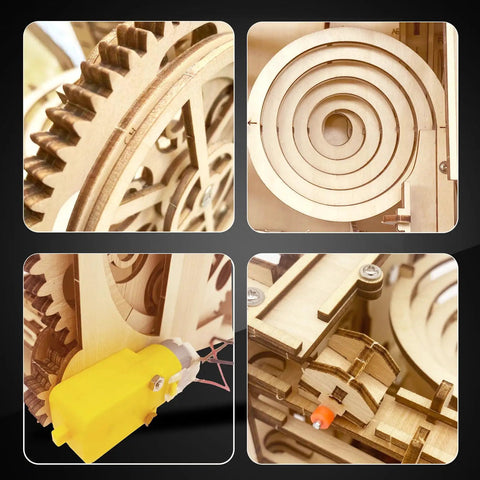 3D Puzzle Marble Run For Adults DIY Wood Kit With Gears And Tracks, Hands On Brain Boosting Marble Machine For Stress Relief And Fun, Build Your Own Mindful Wood Craft Adventure. Basswood plywood motorized wooden gears and tracks close-up