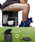 Go To Portable Camping Toilet Kit With Pop Up Privacy Tent shown with open lid and person sitting, supports 400 pounds.