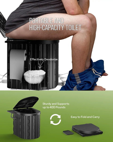 Go To Portable Camping Toilet Kit With Pop Up Privacy Tent shown with open lid and person sitting, supports 400 pounds.