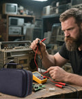 Man using multimeter beside waterproof hard case portable travel tool box with handle built tough for cables instruments and accessories protective storage carry case with adjustable organizer for cables gadgets gear hiking camping fishing fitness travel home and business use.