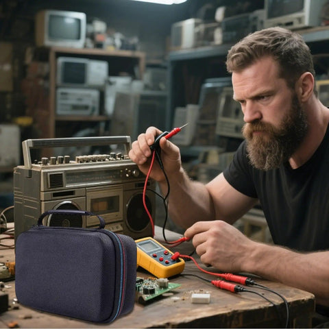 Man using multimeter beside waterproof hard case portable travel tool box with handle built tough for cables instruments and accessories protective storage carry case with adjustable organizer for cables gadgets gear hiking camping fishing fitness travel home and business use.