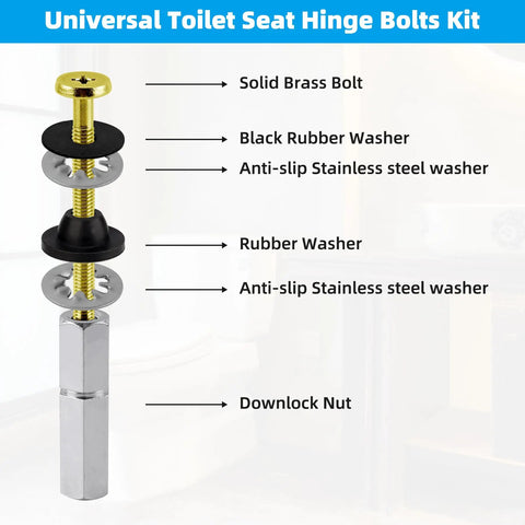 Universal Toilet Seat Bolts Kit, 2 Pack, Heavy Duty Solid Brass With Extra Long Stainless Downlock Nuts, Rubber Washers, And Gaskets diagram
