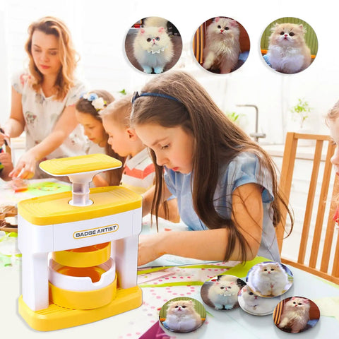 Children using DIY Button Maker Kit With 55 Mm Pin Badges, Includes 1 Badge Maker Machine, 48 Button Parts, 48 Print Images, 1 Circle Cutter