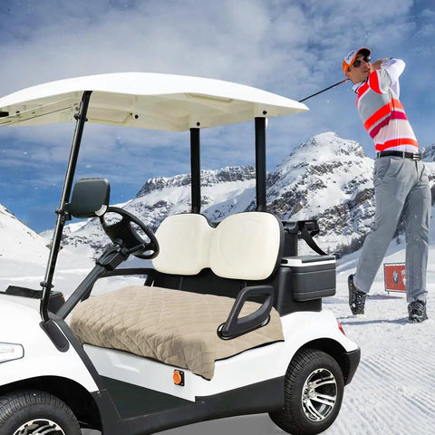 Universal Golf Cart Seat Covers With Thick Plush Cushion And Non Slip Backing Slick Khaki Look on two-seater golf cart.