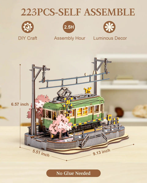 Sakura Journey Tram 3D Wooden Puzzle Kit For Adults 223 Pieces Hands On Model Car Building Set Chill DIY Craft Gift; 9.13 inch