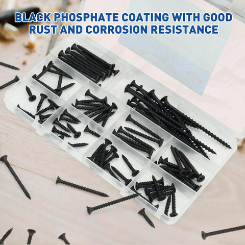 Drywall Screws Assortment Kit, 108 Piece Set With Coarse Thread Self Tapping Phillips Drive, black finish screws in case