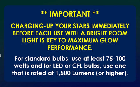 Instructions for charging Huge 500 Piece Glow In The Dark Ceiling Stars Set With Sun Moon Earth Planets And Big Dipper For Kids Room.