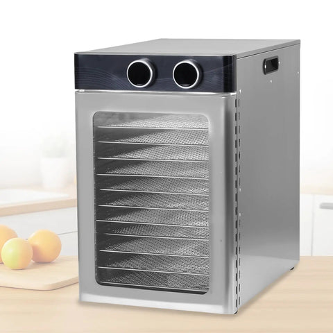 A Straight Up Solid Electric Food Dehydrator With 12 Roomy Trays And 1200 Watts Of Power To Craft Killer Beef Jerky Sweet Dried Fruit And Custom Pet Snacks Right In Your Kitchen, showing silver build with 12 trays.