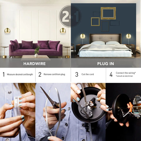 One Light Plug In Or Hardwire Wall Sconce With Vintage Glam Matte Brass Finish And White Fabric Cord Inline On Off Rocker Switch instructions