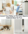 Babies, pets interacting with cabinets, showcasing Ultra Thin Magnetic Cabinet Door Catch 18 Pack Stainless Steel Drawer Latch.
