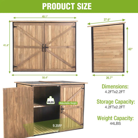 Dimensions of Outdoor Storage Shed With Sturdy Metal Frame And Wood Panels Weatherproof Trash Can Shed With Adjustable Shelves And Removable Floor Horizontal Patio Cabinet For Two Big Bins And Garden Tools