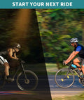 Cyclists riding on mountain and road bikes, one in motion and one at rest, highlighting versatility of bike axle set.