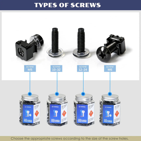 Types of screws including M5, 10-32, 12-24, and M6 in jars for easy access related to Top Tier M5 Rack Screws 50 Piece Set With Smooth Zinc Finish And Every Cage Nut Crown Washers Plus Plastic Pad You Need To Lock Down Server Cabinets Network Gear.
