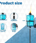 Diagram showing Four Pack Blue Glass Garden Torches 12 Oz Citronella Outdoor Lights 60 Inch Adjustable Height features and size details.