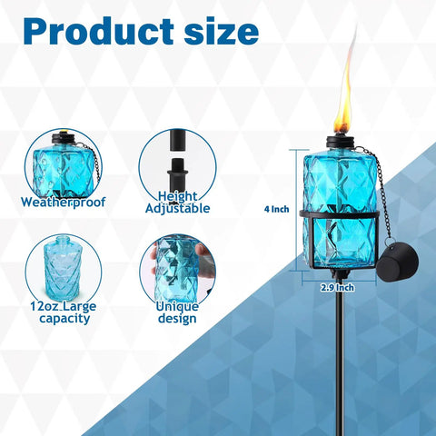 Diagram showing Four Pack Blue Glass Garden Torches 12 Oz Citronella Outdoor Lights 60 Inch Adjustable Height features and size details.