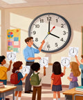 Teacher demonstrating time telling with large clock while kids hold drawing of clocks in classroom setting. Two Pack Clock And Watch Model Stamps Totally Dope Craft Tool For Kiddos Teaches Time Telling With Quick DIY Layout Perfect For School Projects And Afternoon Activities.
