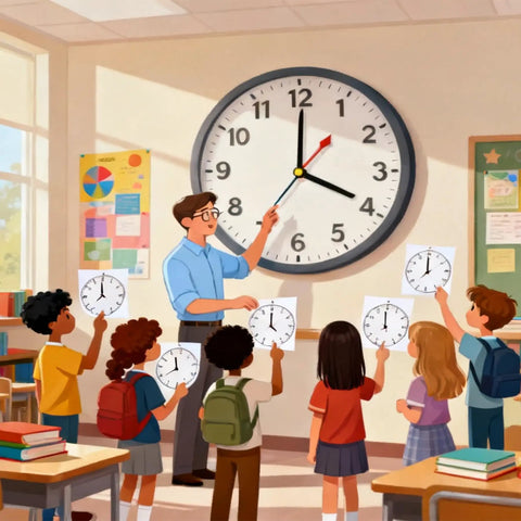 Teacher demonstrating time telling with large clock while kids hold drawing of clocks in classroom setting. Two Pack Clock And Watch Model Stamps Totally Dope Craft Tool For Kiddos Teaches Time Telling With Quick DIY Layout Perfect For School Projects And Afternoon Activities.